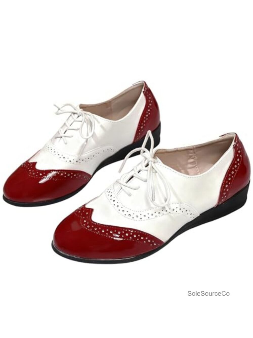 Women's Patent Leather Wingtip Oxford Shoes Perforated Lace-Up Round Toe